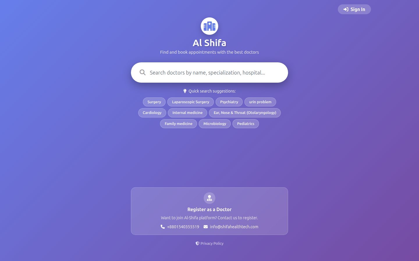 Al-Shifa home page with doctor search and quick specialty suggestions