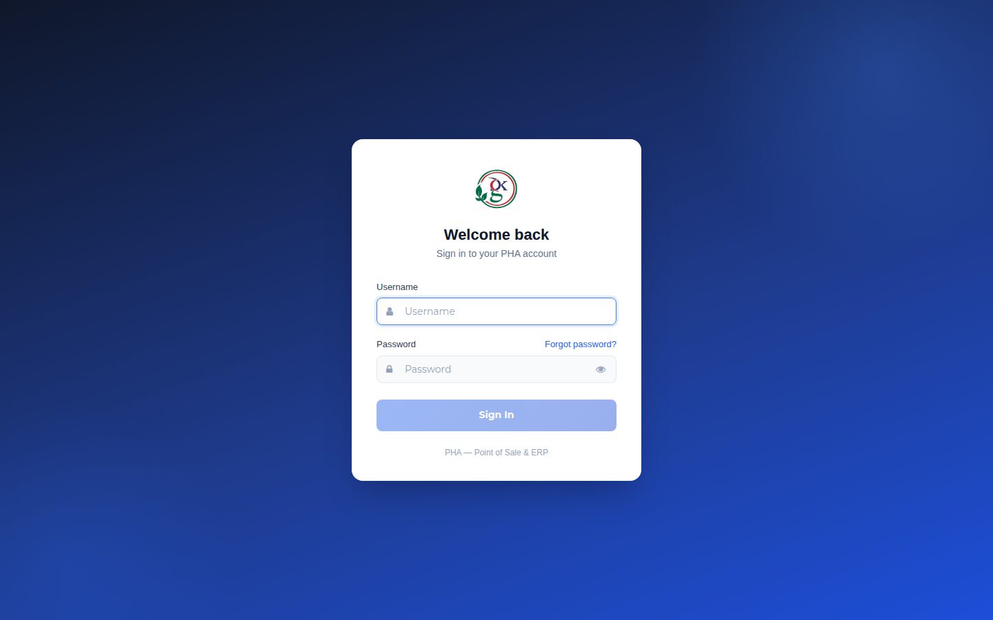 GK Pharma ERP sign-in screen with the GK logo
