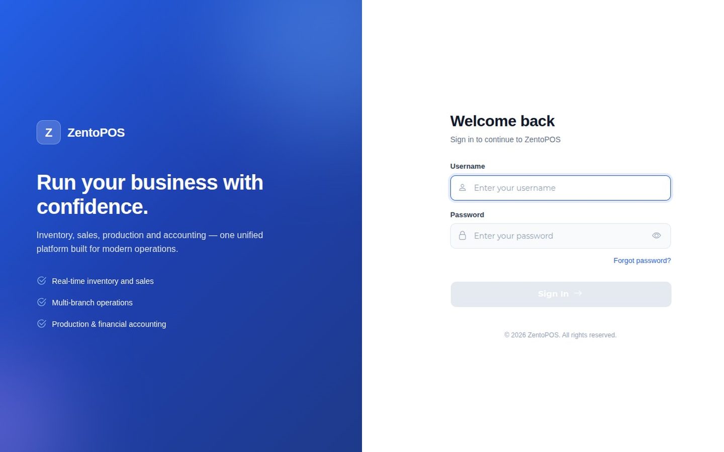 ZentoPOS sign-in screen listing real-time inventory, multi-branch operations and accounting